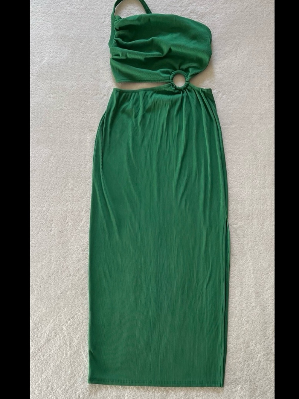 ANRABESS Green One Shoulder Cut Out Maxi Dress Emerald Ribbed